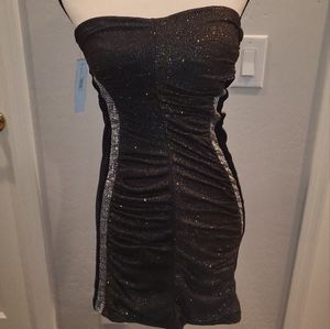 NWT Black, Silver & Gold Shimmer Velvet Strapless Formal Mini Dress